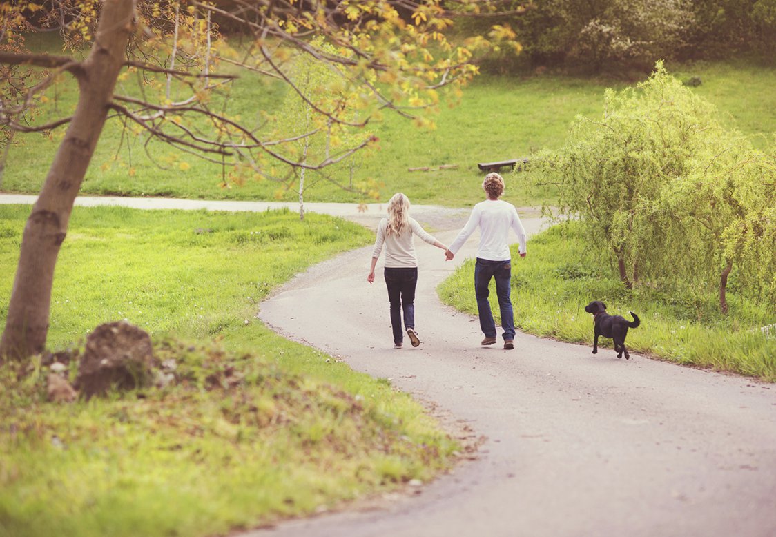 Young beautiful couple taking a walk in green park